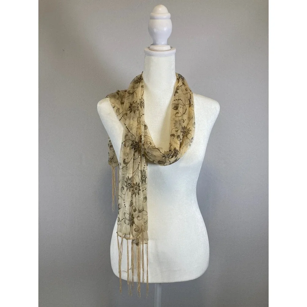 Boho‎ Romantic Unbranded Womens OS Cream Black Floral Sheer Fringed Sequin Scarf